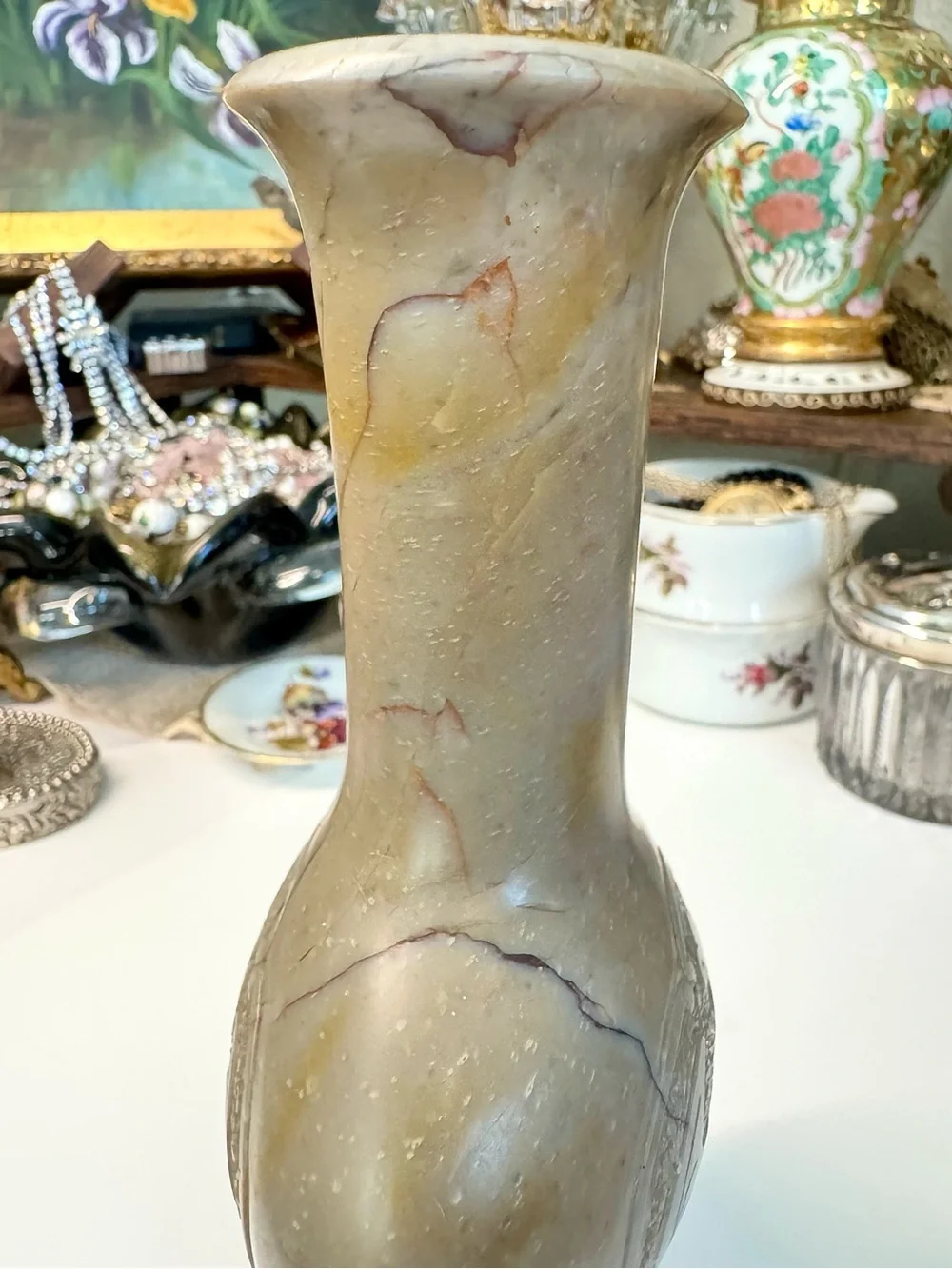 Vintage Chinese Hand-Carved Soapstone Vase – Phoenix & Bat Motif